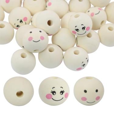 Imagem de ZZHXSM 50 peças de contas de madeira de rosto sorridente 20 mm contas redondas de madeira natural com rostos pintados para artesanato faça você mesmo joias fazendo Natal anjo mochila decoração