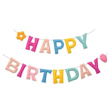 Imagem de Homeral Faixa rosa pré-amarrada de feliz aniversário 3D com morango e flor, guirlanda de feltro feliz reutilizável, decorações de festa arco-íris, placa de aniversário personalizada para meninas e
