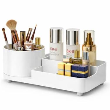 Imagem de Organizador de Cosméticos Mesa Multiuso Multifuncional Porta Lápis Giratório Perfumes Maquiagem Case Make Penteadeira Banheiro Escritório Quarto Moderno Funcional Acrílico Premium -Branco