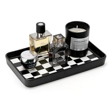 Imagem de Bandeja de banheiro preta de 25 x 15 cm x 2,5 cm para bancada - Bandeja organizadora decorativa de cerâmica para cômoda, vaso sanitário, perfume, suporte de esponja, dispensador de saboneteira para