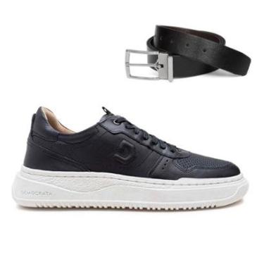 Imagem de Tênis De Couro Democrata Masculino Denim Block 240501+Cinto Masculino Dupla Face-Masculino