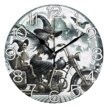 Imagem de GAIGEO Relógio de parede analógico esqueleto preto branco Halloween decorativo relógio de cozinha rústico operado a bateria, decoração de parede moderna para sala de estar, 25 cm, ponteiros dourados