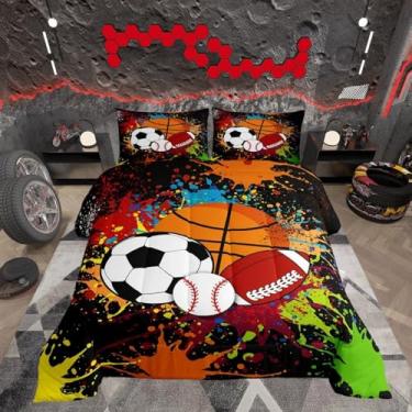 Imagem de Feelyou Conjunto de edredom com bola mista, Queen, para meninos, meninas, adolescentes, basquete, futebol, decoração de quarto, conjunto de colcha múltipla