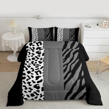 Imagem de Feelyou Conjunto de edredom Queen com estampa de leopardo, listras de zebra, para crianças, meninos, meninas, guepardo, zebra, estampa de animais, 3 peças com 2 fronhas