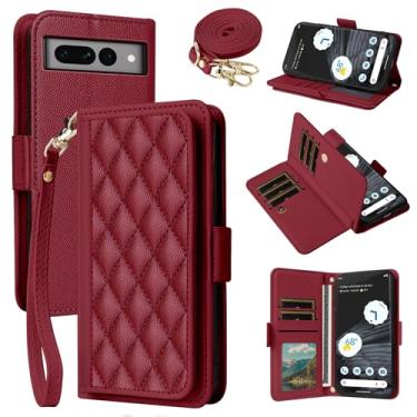 Imagem de Dibosom Capa carteira para Google Pixel 7 Pro 5G Argyle com alça de pulso/ombro, compartimentos para cartões, porta-cartões, minimalista, acolchoada para Pixel7Pro, Pixel7, XL, Seven 7Pro, vermelha