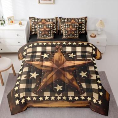 Imagem de Feelyou Jogo de cama queen com estampa de estrela do oeste do Texas, xadrez de fazenda, para meninos e meninas, marrom, vintage, em uma bolsa com edredom, lençóis, fronhas, capas de almofada