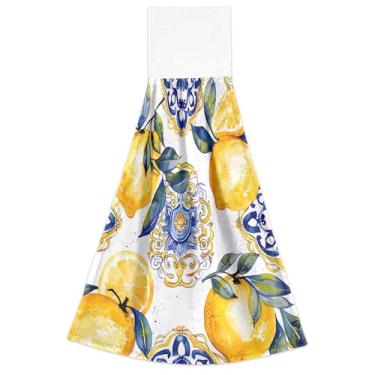 Imagem de Clássico Limão Floral Azul Outono Pendurado Toalha de Mão Forno Toalhas de Gravata Conjunto de 2 Decorações de Cozinha Bonitas Altamente Absorventes, 46 x 35 cm