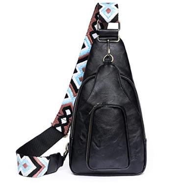 Imagem de KlaOYer Bolsas de couro para mulheres transversais pequenas pochete bolsas de peito com alça de guitarra para gril lady, Preto 2, Large, Transversal