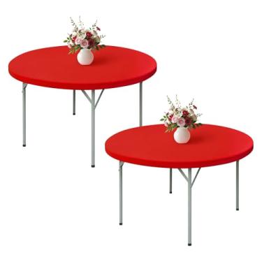 Imagem de Wolkemer Pacote com 2 toalhas de mesa vermelhas de 1,5 m com bordas elásticas redondas de 152 cm, capa de mesa elástica de elastano com tecido lavável na máquina para festa de casamento, piquenique