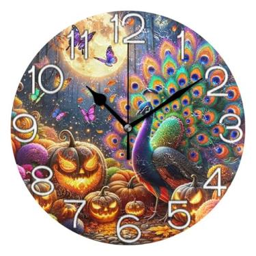 Imagem de Relógio de parede decorativo analógico escritório cozinha relógio operado por bateria silencioso, decoração de sala de estar, arte moderna, pavão de Halloween abóbora dourada, 25 cm, ponteiros
