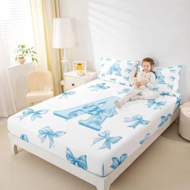 Imagem de Erosebridal Jogo de lençol solteiro fofo com laço azul, letra A, monograma, laço personalizado, para crianças, meninos, adolescentes, lençol com elástico, 2 peças
