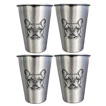 Imagem de LVDGE Pacote com 4 copos cônicos de aço inoxidável de 473 ml - Animais gravados a laser, copos de metal duráveis empilháveis para bebidas frias para festas e eventos ao ar livre (buldogue francês)