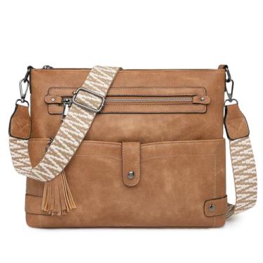 Imagem de Mfinesun Bolsas transversais grandes para mulheres, bolsa de ombro casual de couro com vários bolsos com borla e alça ajustável, Damasco, Medium