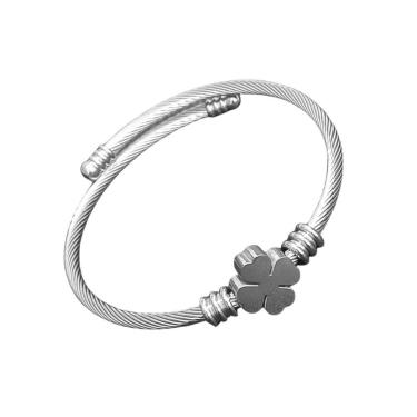 Imagem de Bracelete Feminino Trevo Ajustável Aço Inoxidável 316L Prateada Hipoalergênica-Feminino