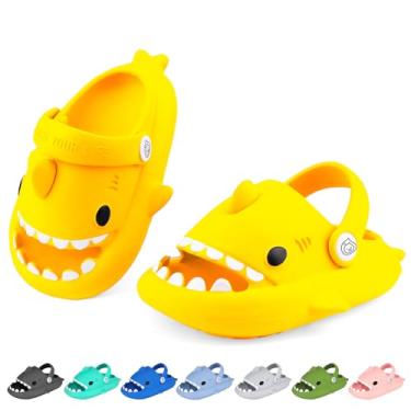 Imagem de LUYOO Chinelos infantis com nuvem de tubarão | Sandálias para meninos e meninas | Chinelos de praia infantis | Chinelo de peixe juvenil para banho de piscina, (alça) amarelo, 17-18