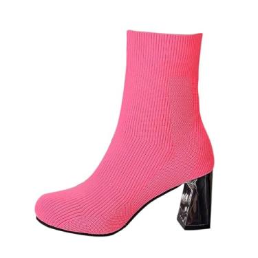 Imagem de Botas de inverno casuais modernas para mulheres com bico de malha elástica, salto grosso e design de salto médio, Rosa choque, 35