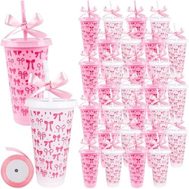 Imagem de 30 copos plásticos de arco a granel com tampas e canudos 680 g reutilizáveis rosa e branco copos de bebida estéticos com fita rosa para mulheres, suco de café, casamento, aniversário, chá de panela