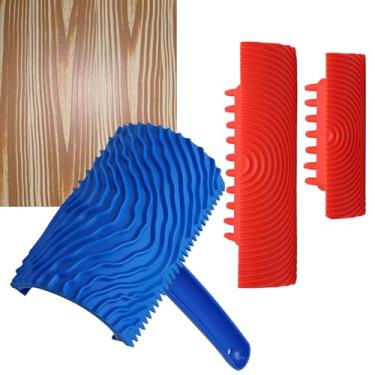 Imagem de Qjaiune Conjunto de ferramentas de grão de madeira sintética de 3 peças, rolo de tinta texturizada de borracha macia, ferramenta de madeira para decoração de pintura de arte de sala de parede, tinta