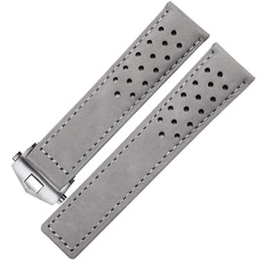 Imagem de GANYUU Pulseira de relógio de couro genuíno para TAG heuer pulseira de relógio com fivela dobrável 20mm 22mm cinza preto marrom pulseira de couro de vaca (cor: prata cinza, tamanho: 22mm)