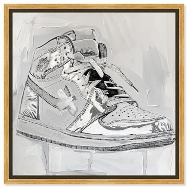 Imagem de Tênis metálico impressões de arte moderna arte de parede em tela por Notoriart, moldura flutuante dourada, 61 cm x 61 cm