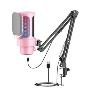 Imagem de Microfone para jogos USB com iluminação RGB Captador cardióide Botão de ganho de mudo rápido Suporte de braço para jogos de PC Gravação de streaming ao vivo Plug Play compatível (Rosa)