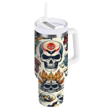 Imagem de SEHANY Copo Skull Gothic de 850 g com alça, copo isolado de aço inoxidável a vácuo de parede dupla, à prova de vazamento, copo de viagem isolado cabe no suporte de copo de carro