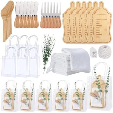 Imagem de 6 conjuntos de prêmios de chá de bebê para vencedores de jogos, 55 peças de lembrancinhas de chá de bebê, presentes para convidados de bambu, tábuas de queijo, colher, garfo, espalhadores de manteiga