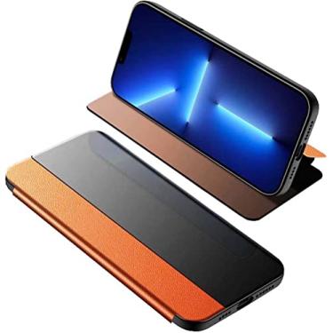 Imagem de MAALYA Capa de telefone flip, para Apple iPhone 14 Plus 6,7 polegadas 2022 couro à prova de choque capa fólio de janela de visualização clara [Suporte] (cor: laranja)