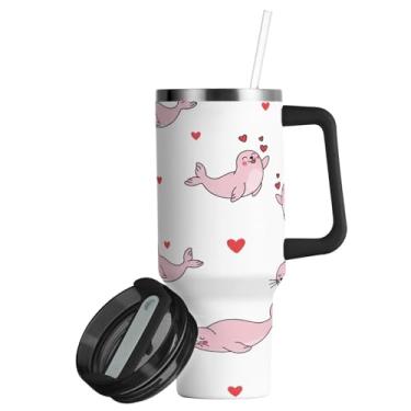 Imagem de ATTX Copo de selos rosa de 850 g com alça, copo de aço inoxidável a vácuo de parede dupla com palha, caneca de café de viagem isolada #435