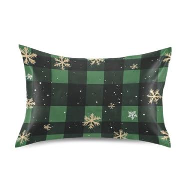 Imagem de Wassud Capa de almofada de cetim xadrez verde flocos de neve para cabelo e pele fronhas de seda lisa queen size capas de travesseiro respiráveis com fecho de envelope