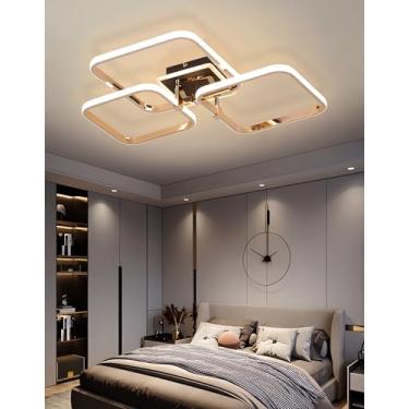 Imagem de Luminária de teto LED moderna, dimerizável e com controle remoto, para sala de estar, modelo lustre com 4 quadrados, luminária de teto embutida para sala de jantar e quarto (dourada, 3 moldu