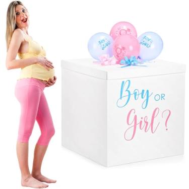Imagem de Kolldenn Caixa de presente jumbo reveladora de gênero de 71 cm com kit de tampa, caixa de presente branca extragrande com balão de menino ou menina, adesivos e laços gigantes para revelação de gênero