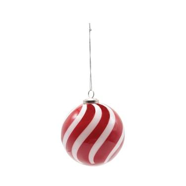 Imagem de Creative Co-Op Enfeite redondo de bola de vidro soprado à mão com listras em espiral, vermelho e branco