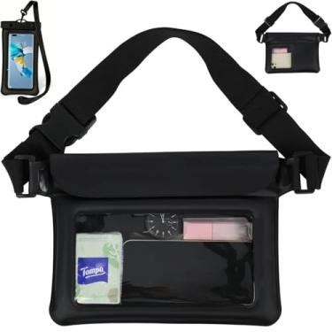 Imagem de Conjunto de bolsas à prova d'água IPX8 2 peças: pochete preta transparente de 24 cm e bolsa de telefone impermeável de 18 cm, capa de telefone flutuante, bolsa seca à prova d'água com alça ajustável
