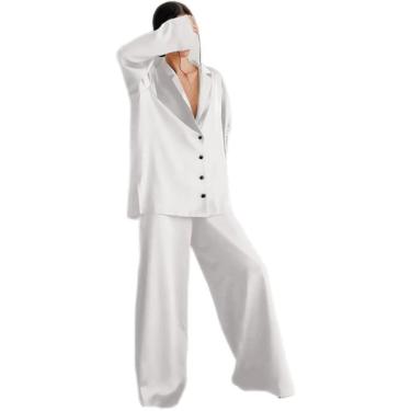 Imagem de Pijamas De Seda De Cetim De Grandes Dimensões Pijama Sexy Decotado Para Mulheres Single-breasted Mangas Compridas Calças De Perna Larga Ternos, White, S