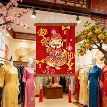 Imagem de KYMY Decoração de parede de ano novo lunar vietnamita, enfeite de madeira de carpa vietnamita com tecido flocado, pingente de festival de primavera para porta de casa, sala de estar