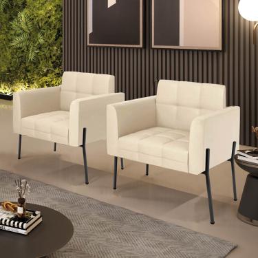 Imagem de Poltrona Sala Decorativa Kit 2 Elisa Pé Aço Lateral Preto Sintético PU Bege D03 - D'Rossi