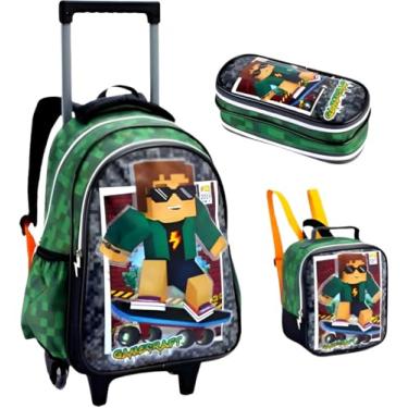 Imagem de Kit Mochila Rodinha Infantil Escolar CraftGame para Menino, 3 Peças, Verde