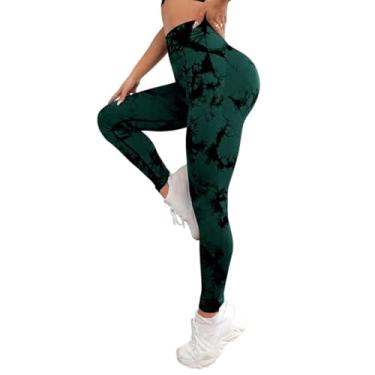 Imagem de tincolia Meia-calça legging feminina tie dye cintura alta levanta bumbum controle de barriga push up sem costura calças de ioga exercícios - verde escuro-G
