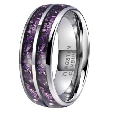 Imagem de TUTISS Anéis de tungstênio 8 mm prata/preto/bronze roxo para homens e mulheres ametista embutida moda noivado promessa aliança de casamento polido ajuste confortável, Metal, Sem pedra preciosa