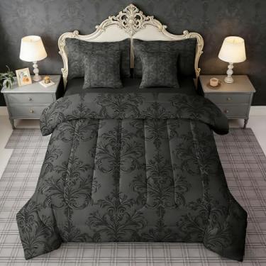 Imagem de Manfei Conjunto de cama casal, 7 peças, preto damasco, floral, gótico, vintage, damasco, estilo vitoriano, estilo barroco, em uma bolsa com edredom, lençóis e fronhas, decoração de quarto feminino