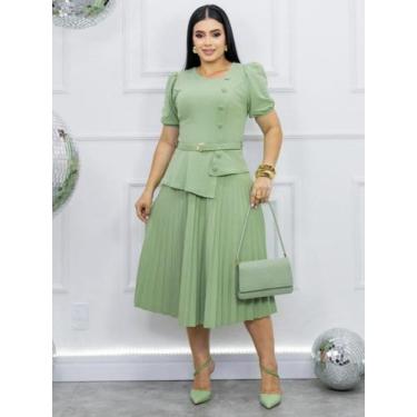 Imagem de Vestido Midi Soltinho Rodado Moda Evangélica Decote Quadrado com Cinto