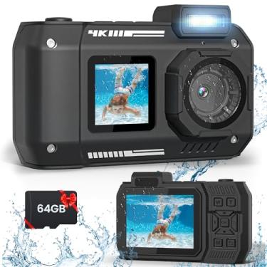 Imagem de fohoa Câmera Subaquática Akaso 4K 48Mp Com Cartão De 64 Gb, Tela Dupla, Resistente E À Prova D'Água Para Mergulho Snorkel (Preta)