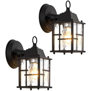 Imagem de GOALPLUS Luminárias de parede externas de 20 cm de altura, 2 unidades de arandela externa preta, lanterna de parede à prova de ferrugem com vidro ondulado de água para varanda, pátio, porta da frente