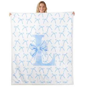 Imagem de Cobertor infantil com laço de desenho animado, gravata borboleta azul letra L nó princesa meninas mulheres cobertor de cama, aquarela laço patchwork azul branco cobertor felpudo tamanho solteiro (152