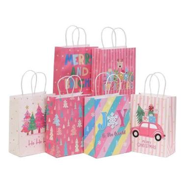 Imagem de Sacos de presente Kraft Paper Pink Christmas 21x15x8cm, pacote com 24 