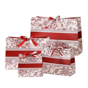 Imagem de Bolsa de presente, papel de cartão branco floral vermelho luxuoso, 4 u