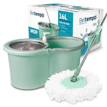 Imagem de Mop Giratório Limpeza Esfregão 360º Balde 16 Litros Cesto Aço Inox Cabo Longo 140cm Com Refil Rodas E Alça Beltempo