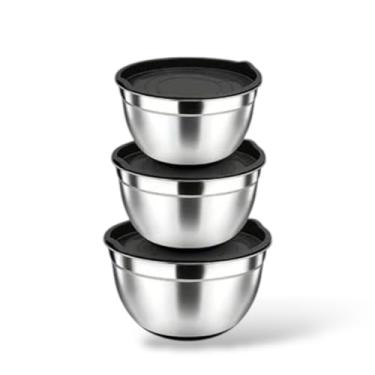 Imagem de Kit 3 Conjunto de Bowls Tigelas de Inox com Tampa Hermética | 3 Tigelas de Aço Inoxidável Empilháveis 1,5L 2L 3L | Tigela de Cozinha Premium para Salada Massa Mistura e Armazenamento - Premium®
