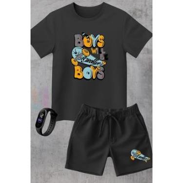Imagem de Conjunto Infantil Camiseta e Short Moletinho Moda Verão Skate Street Brooklyn com Relógio Digital-Unissex